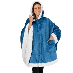 Cozy Blue Hooded Poncho with White Trim